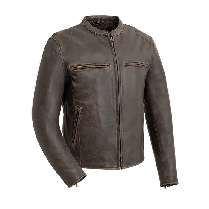 Eagle Leather Men's Indy jacket in brown, scooter style with banded collar and adjustable side belts