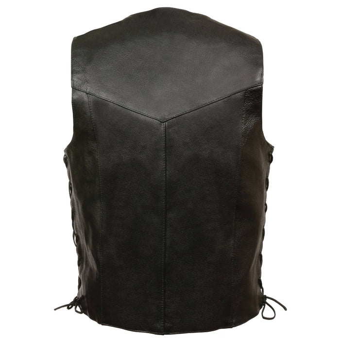 Men's Leather Vest W/Laces Blk: Features:

Men's side lace vest
Light weight leather
Side pockets