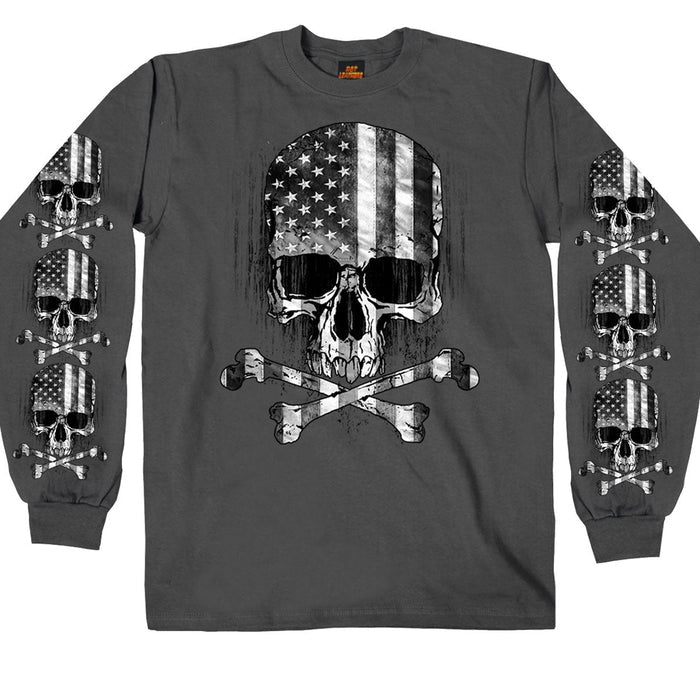 Men's Long Sleeve Flag Skull Shirt: Description
This men's long sleeve shirt in color Charcoal features a screen printed imag