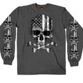 Men's Long Sleeve Flag Skull Shirt: Description
This men's long sleeve shirt in color Charcoal features a screen printed imag