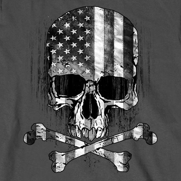Men's Long Sleeve Flag Skull Shirt: Description
This men's long sleeve shirt in color Charcoal features a screen printed imag