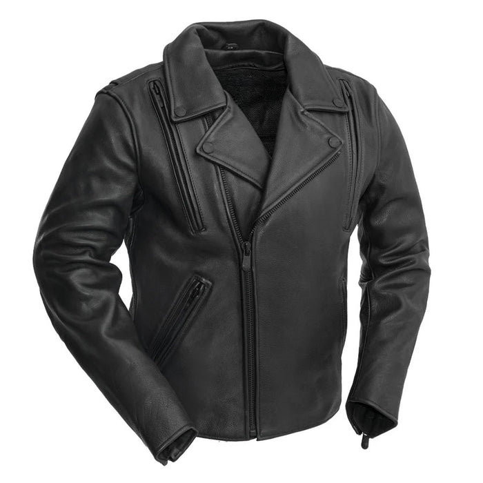 Eagle Leather Men's Night Rider jacket in 1.3-1.4 mm platinum cowhide with snap-down lapel and asymmetrical zipper