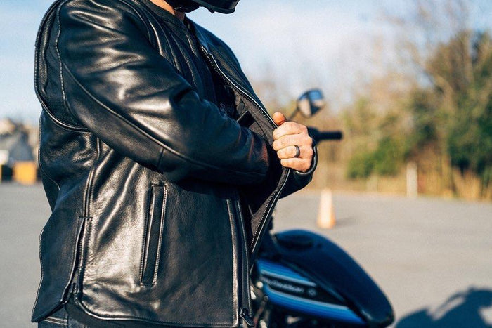 Additional view of the Eagle Leather Men's Revolt jacket showing concealed carry pockets with bullet snaps and tapered holsters