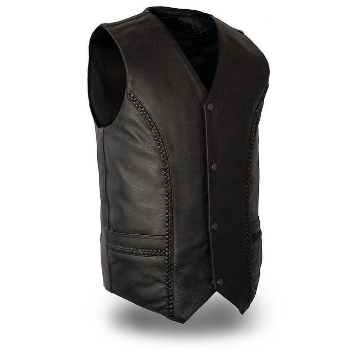 Men's Ruffian Braided Vest: Features:

Ruffian
Soft milled cowhide
Western style V-neck vest with four snap front and two out