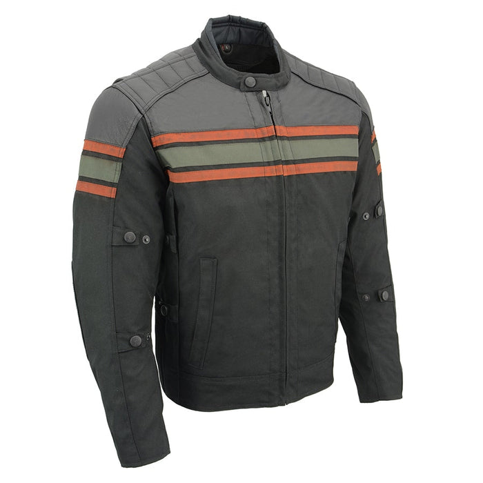 Men's Textile & Leather Jacket: Features:

Men's Combo Leather &amp; Textile Armored Racing Stripe Jacket
Premium Cowhide/Wat
