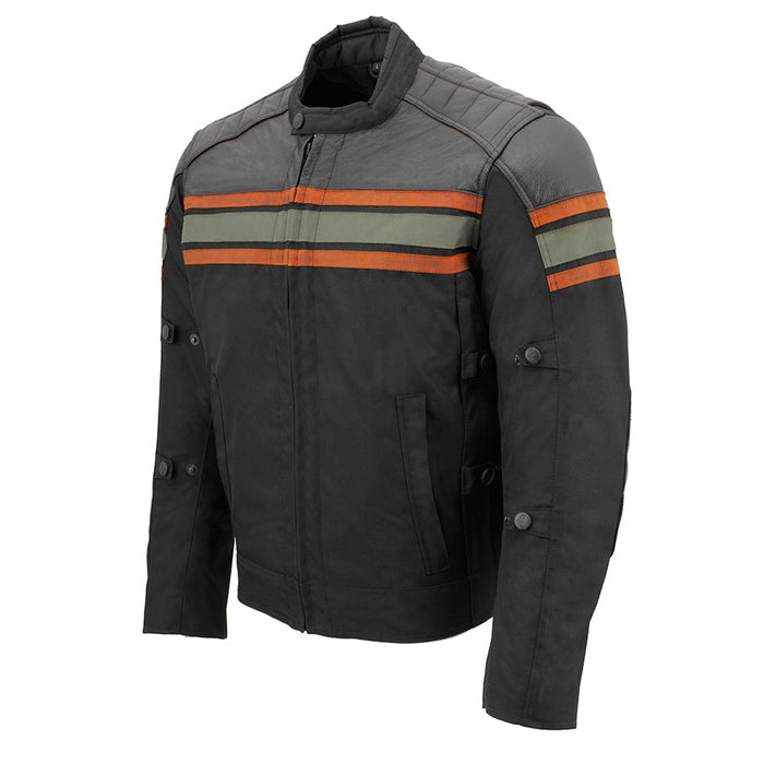 Men's Textile & Leather Jacket: Features:

Men's Combo Leather &amp; Textile Armored Racing Stripe Jacket
Premium Cowhide/Wat