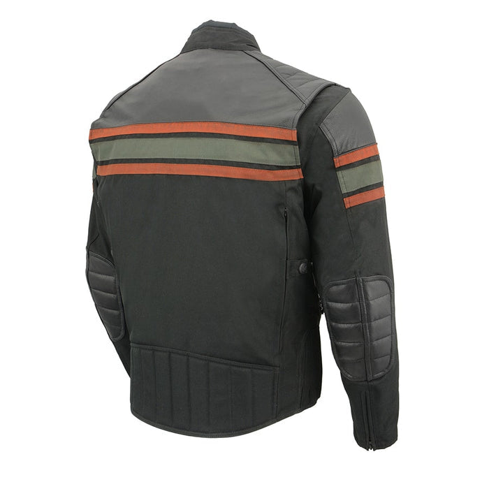 Men's Textile & Leather Jacket: Features:

Men's Combo Leather &amp; Textile Armored Racing Stripe Jacket
Premium Cowhide/Wat