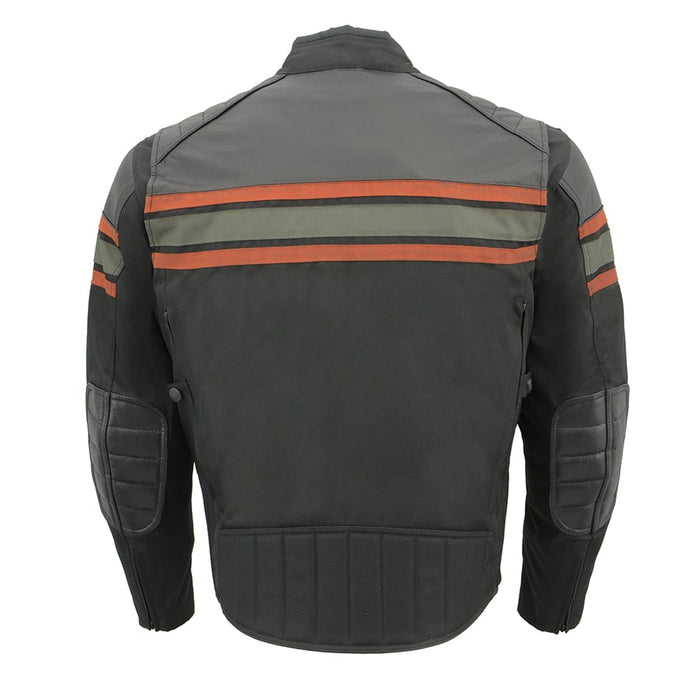 Men's Textile & Leather Jacket: Features:

Men's Combo Leather &amp; Textile Armored Racing Stripe Jacket
Premium Cowhide/Wat