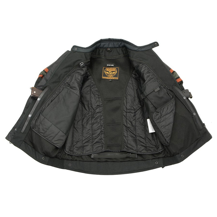 Men's Textile & Leather Jacket: Features:

Men's Combo Leather &amp; Textile Armored Racing Stripe Jacket
Premium Cowhide/Wat