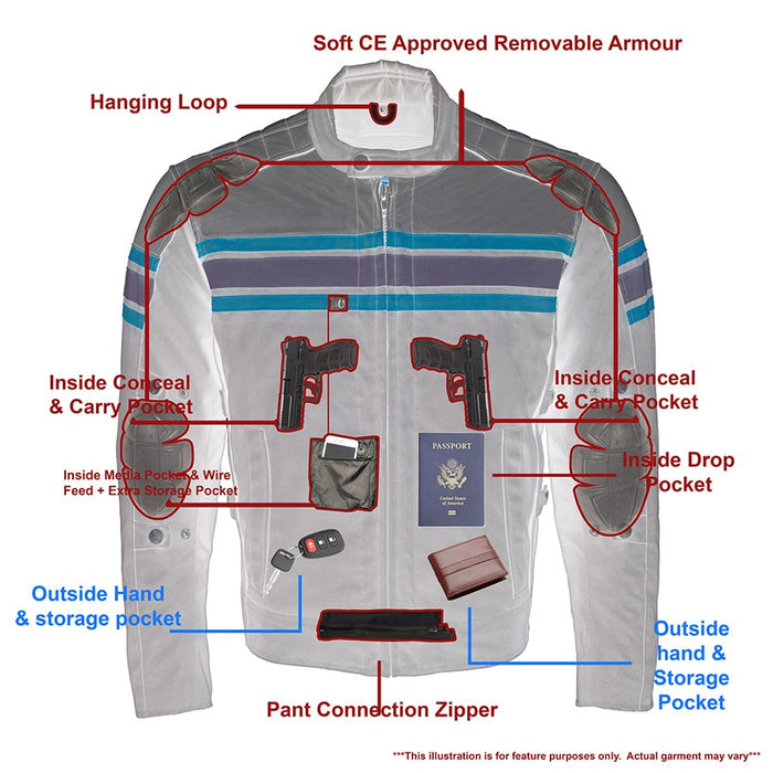 Men's Textile & Leather Jacket: Features:

Men's Combo Leather &amp; Textile Armored Racing Stripe Jacket
Premium Cowhide/Wat