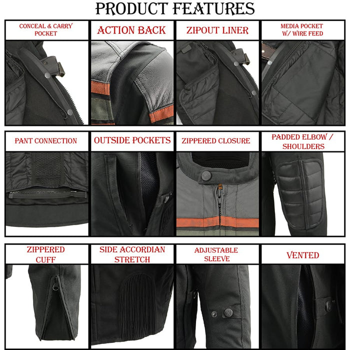 Men's Textile & Leather Jacket: Features:

Men's Combo Leather &amp; Textile Armored Racing Stripe Jacket
Premium Cowhide/Wat
