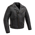 Front view of the Eagle Leather Enforcer jacket in 1.2-1.3 mm drum-dyed cowhide with snap-down lapel, epaulets, and asymmetrical zipper