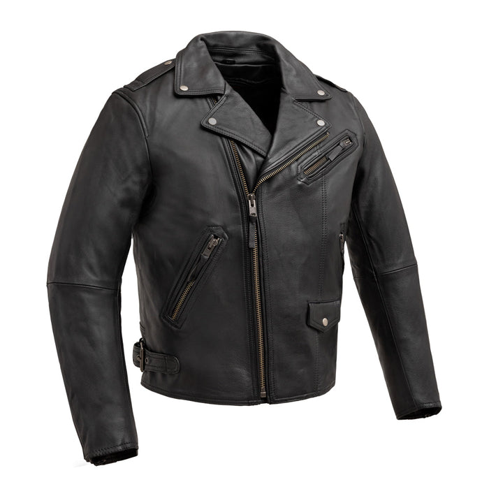 Front view of the Eagle Leather Enforcer jacket in 1.2-1.3 mm drum-dyed cowhide with snap-down lapel, epaulets, and asymmetrical zipper