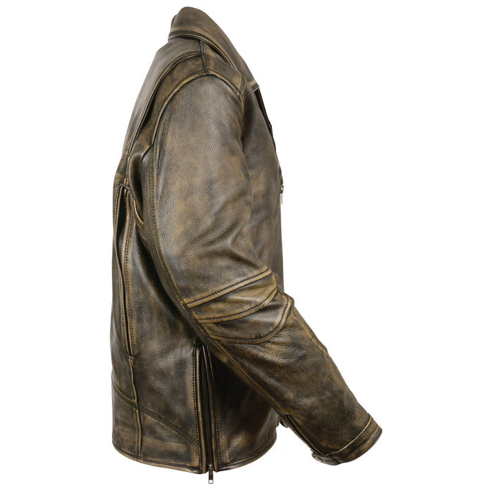 Men's Updated MC Jacket Distressed: Features:

Triple Stitch Distressed Brown Beltless Biker Jacket
1