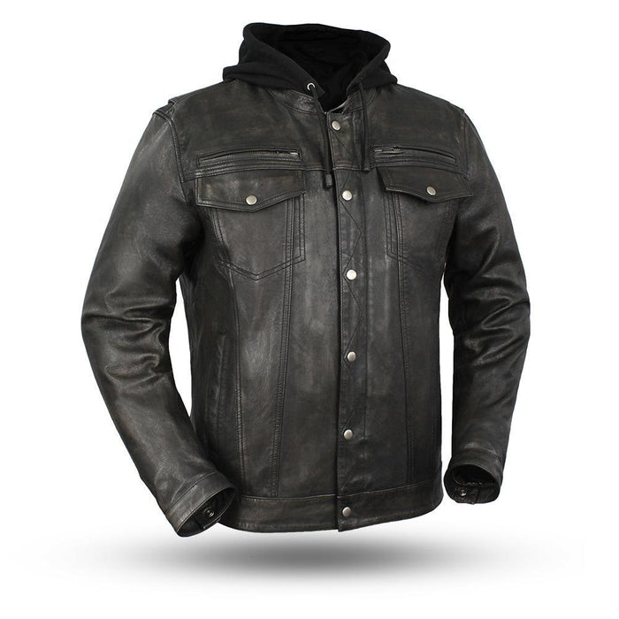 Eagle Leather Men's Vendetta hooded jacket in lightweight distressed sheepskin with mandarin collar and removable zip-out hood