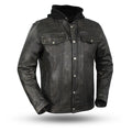 Eagle Leather Men's Vendetta hooded jacket in lightweight distressed sheepskin with mandarin collar and removable zip-out hood