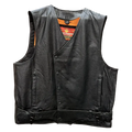 Men’s black leather motorcycle vest with snap front closure, side buckles, and orange mesh inner lining