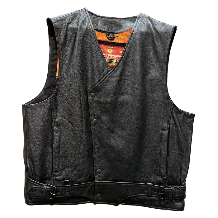 Men’s black leather motorcycle vest with snap front closure, side buckles, and orange mesh inner lining