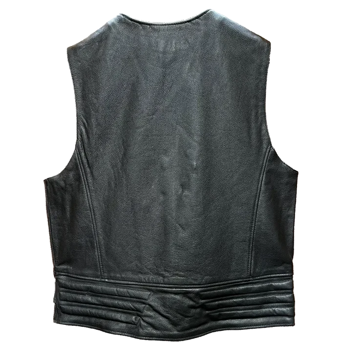 Back view of men’s black leather motorcycle vest with plain design and ribbed detailing at the waist.