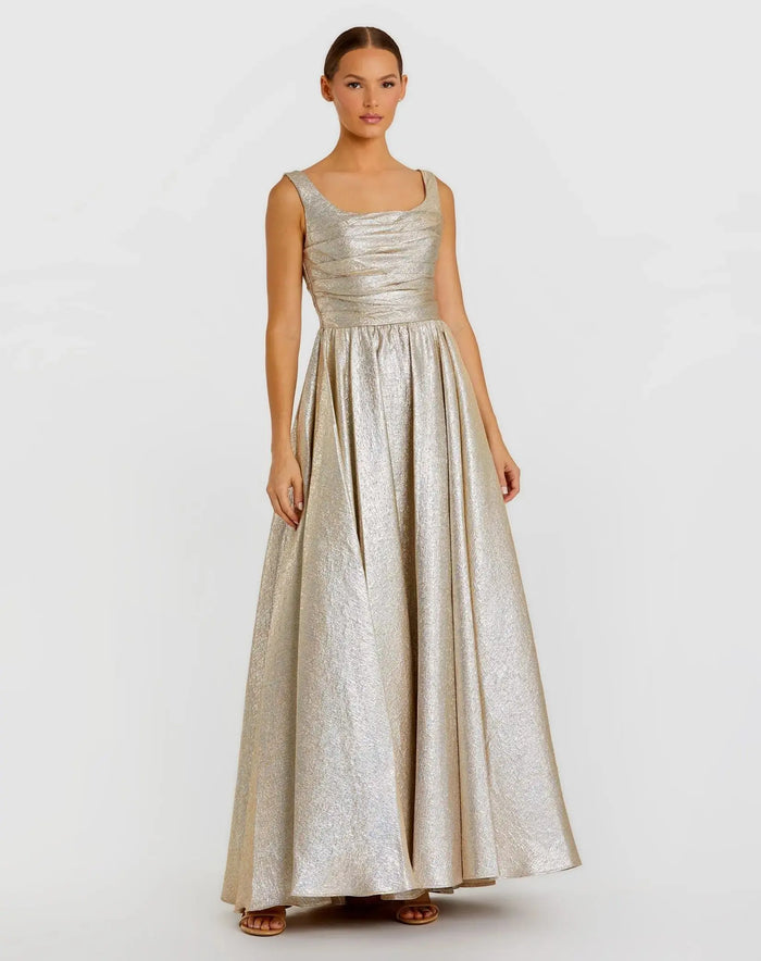 Gold Metallic Pleated Bodice Ballgown - Mac Duggal