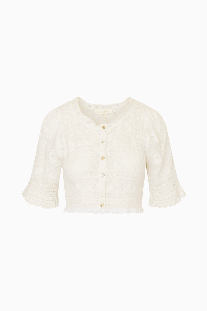White lace cropped top with mid length sleeves on a white background