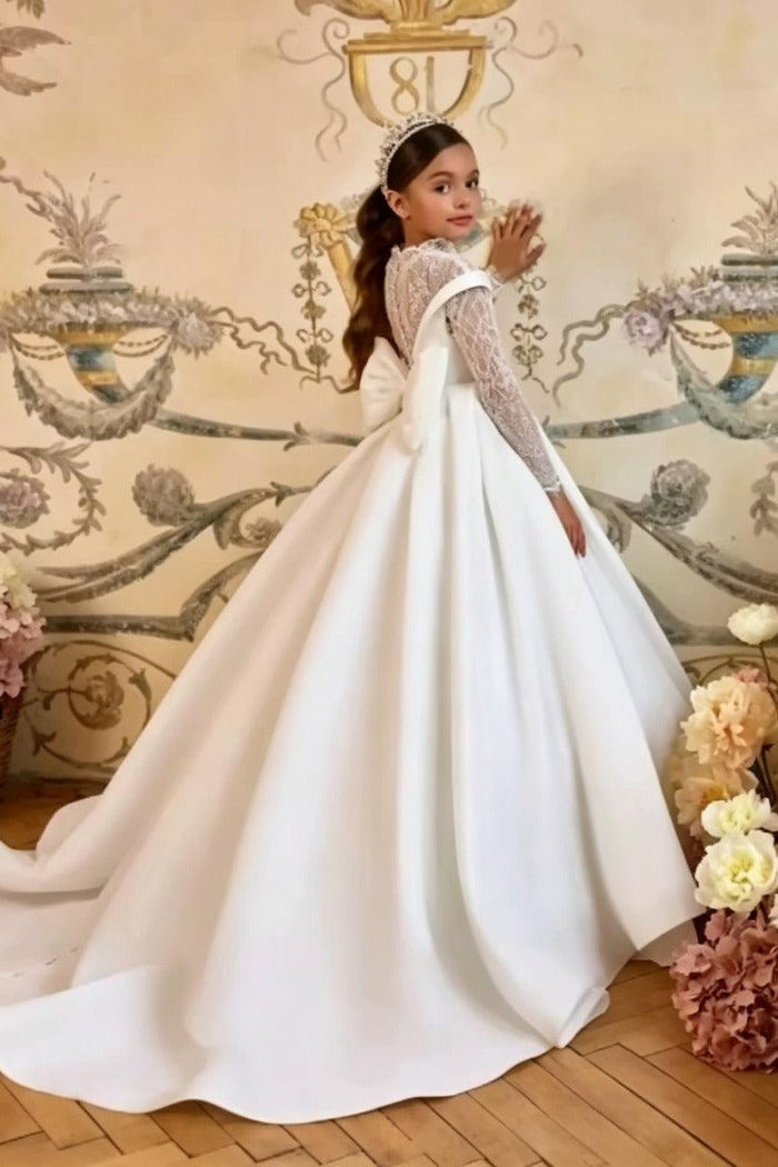 Off-Shoulder High Neck Lace Long Sleeve Satin Flower Girl Dresses 992930246596