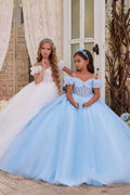 Off-Shoulder Puff Sleeve Corset Tulle Flower Girl Dresses 788863068858