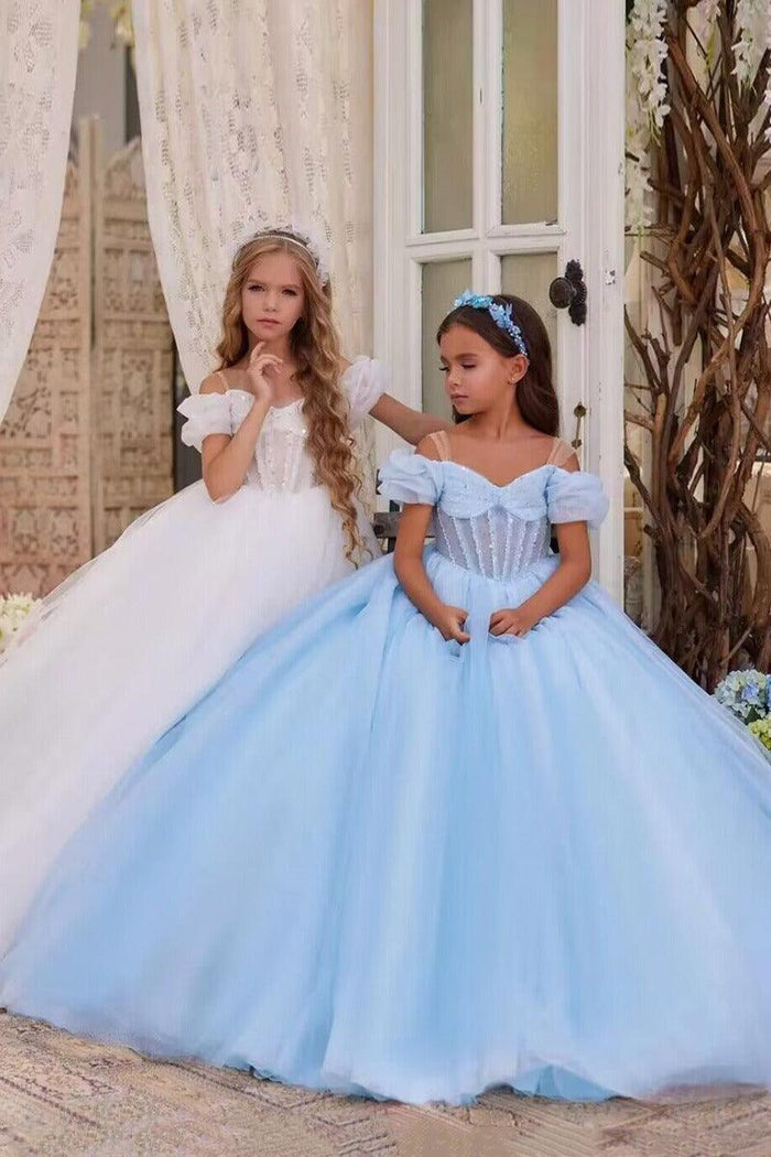 Off-Shoulder Puff Sleeve Corset Tulle Flower Girl Dresses 788863068858