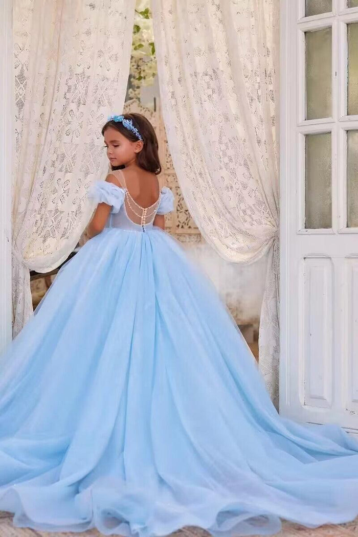 Off-Shoulder Puff Sleeve Corset Tulle Flower Girl Dresses 788863068858