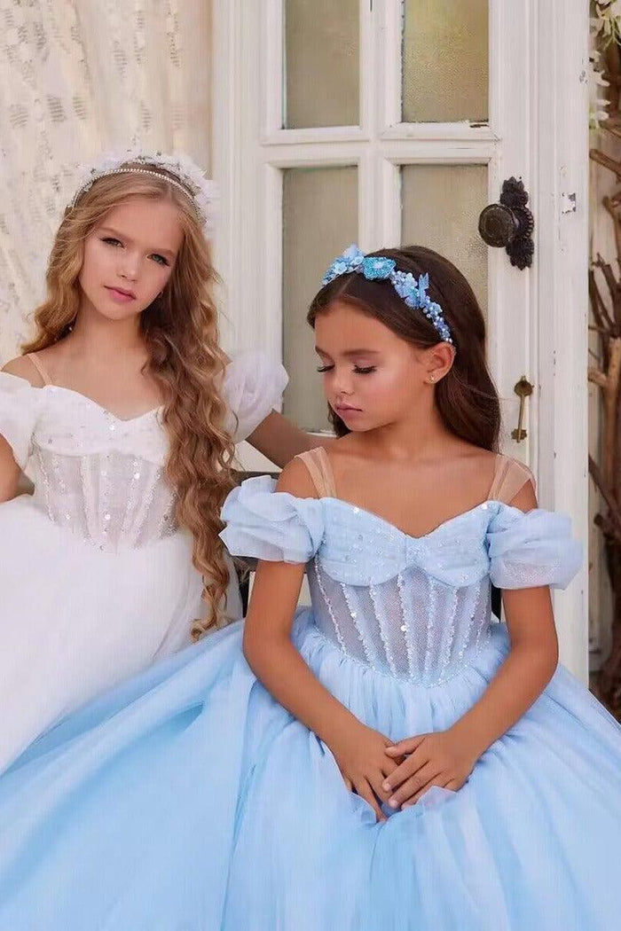 Off-Shoulder Puff Sleeve Corset Tulle Flower Girl Dresses 788863068858