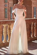 Off The Shoulder Floor Length Chiffon Wedding Jumpsuit CW3568 - COCOMELODY