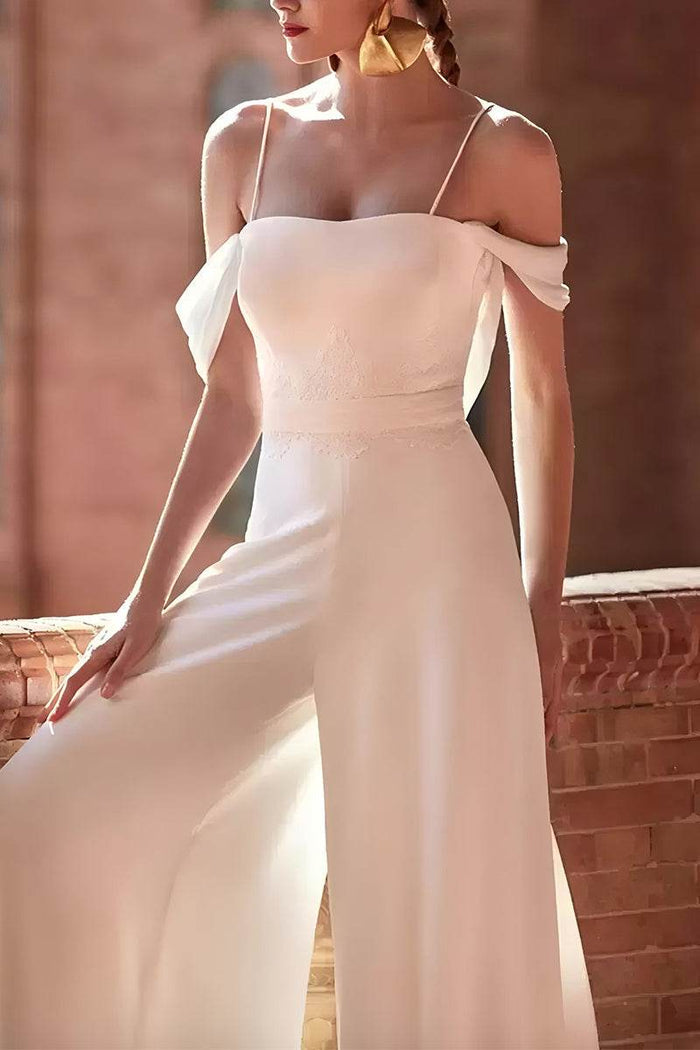 Off The Shoulder Floor Length Chiffon Wedding Jumpsuit CW3568 - COCOMELODY