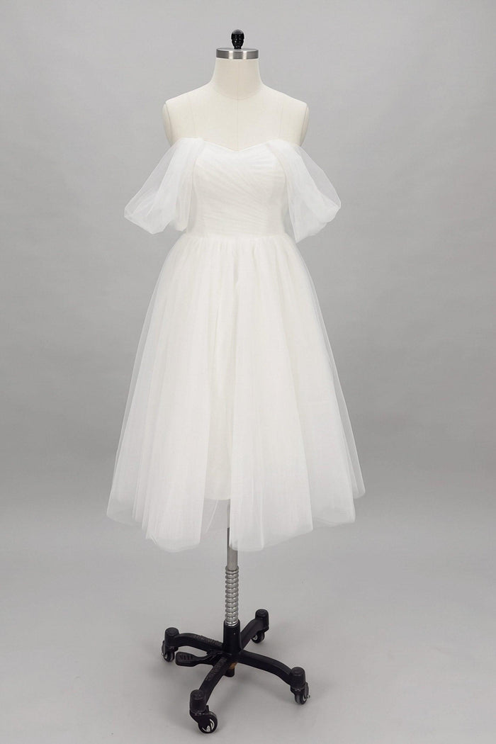 Off-The-Shoulder Sleeveless Tulle Little White Dress CW3387