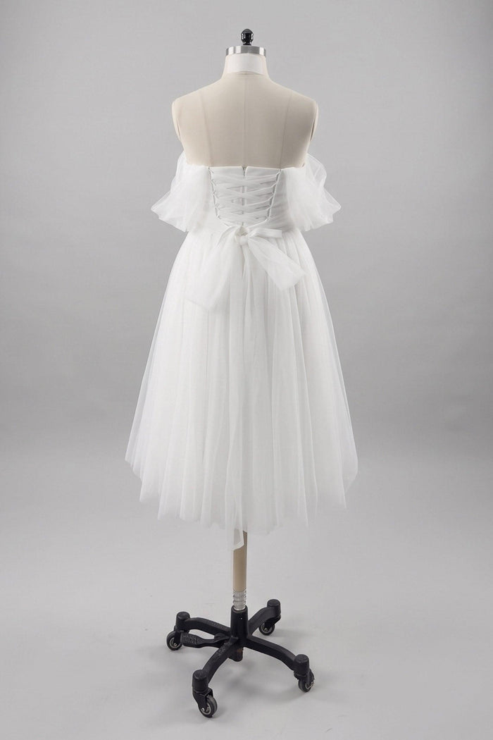 Off-The-Shoulder Sleeveless Tulle Little White Dress CW3387
