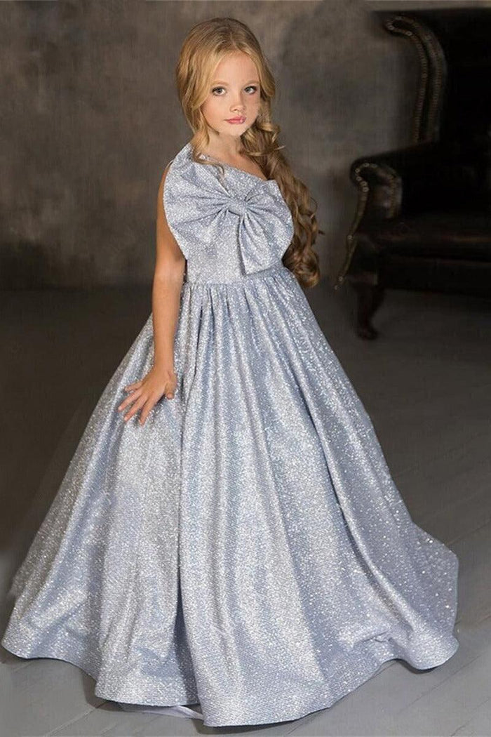 One Shoulder Large Bow Glitter Floor Length Flower Girl Dresses 699891566672