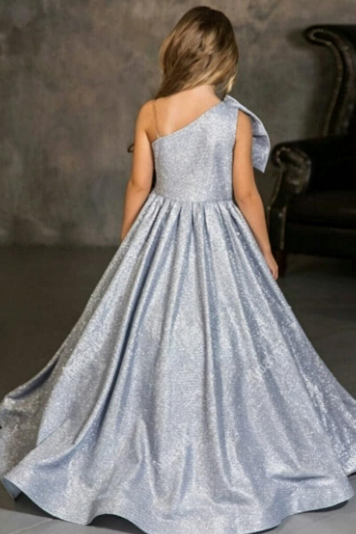 One Shoulder Large Bow Glitter Floor Length Flower Girl Dresses 699891566672