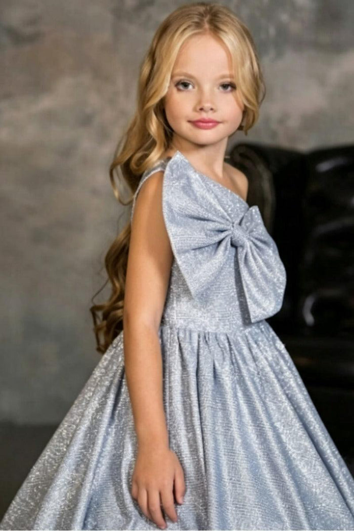One Shoulder Large Bow Glitter Floor Length Flower Girl Dresses 699891566672