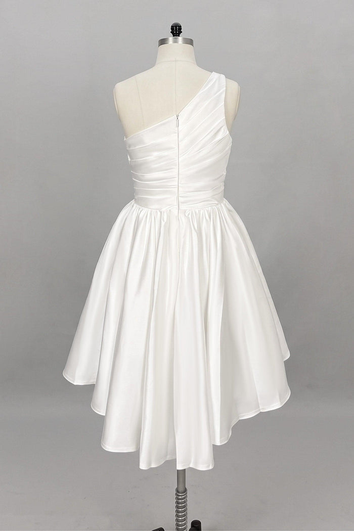 One Shoulder Satin Knee-Length Little White Dress CW3382
