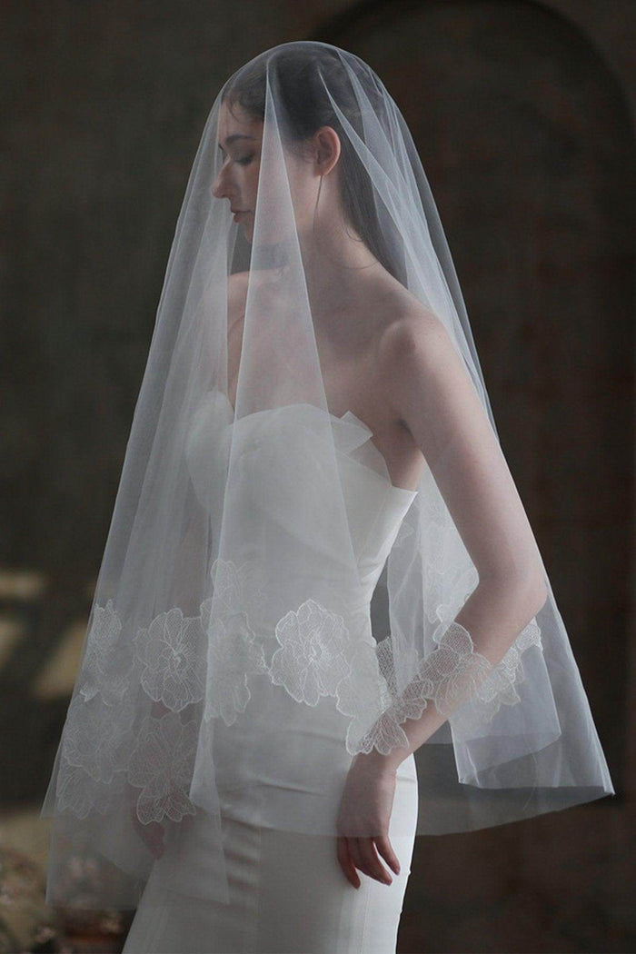 One-tier Cut Edge Tulle Lace Chapel Veils with Appliques CV0368 - COCOMELODY