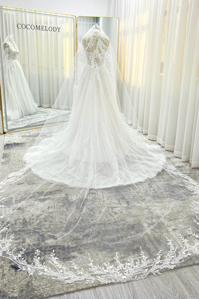 One-tier Lace Edge Tulle Chapel Veils with Appliques Beading CV0398 - COCOMELODY