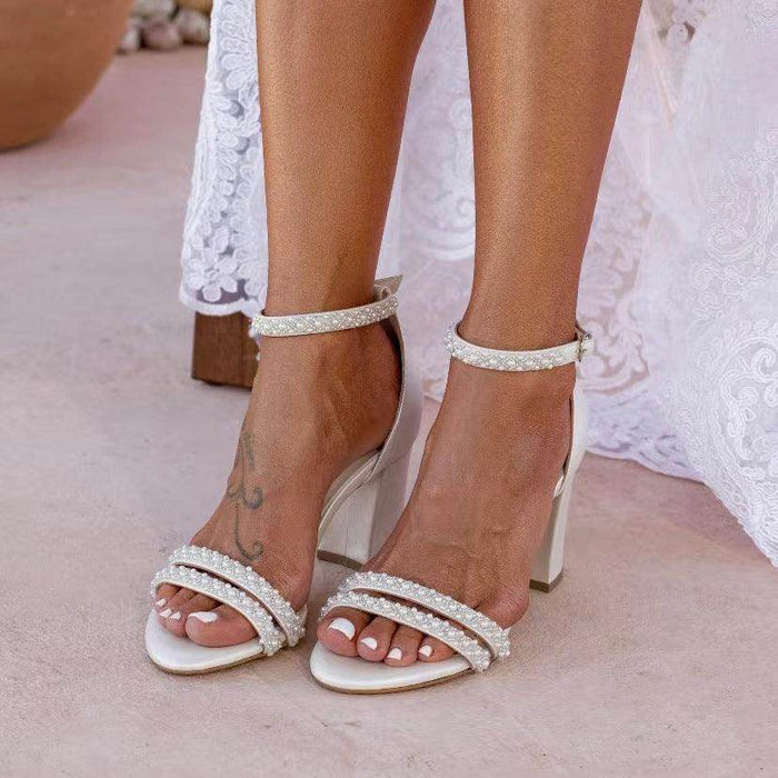 Pearl Faux Leather Ankle Strap Block Heels 728525145929 - COCOMELODY