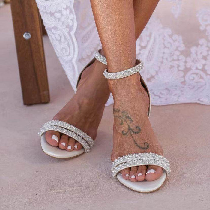 Pearl Faux Leather Ankle Strap Block Heels 728525145929 - COCOMELODY