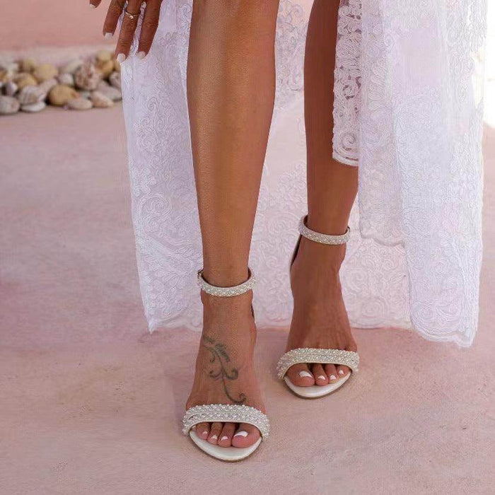 Pearl Faux Leather Ankle Strap Block Heels 728525145929 - COCOMELODY