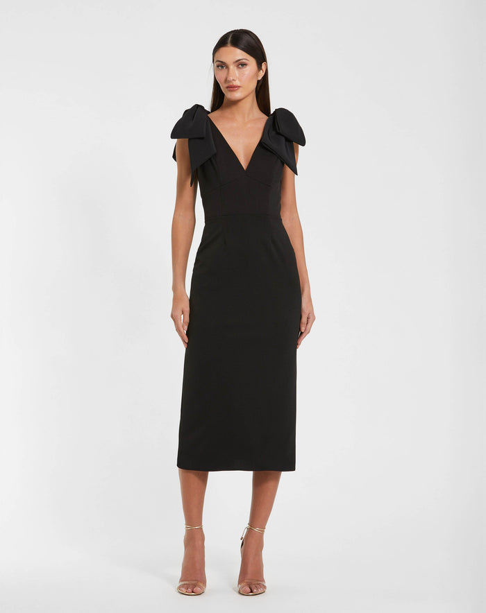 Petite Black Bow Strap Crepe Fitted Midi Dress Ieena for Mac Duggal