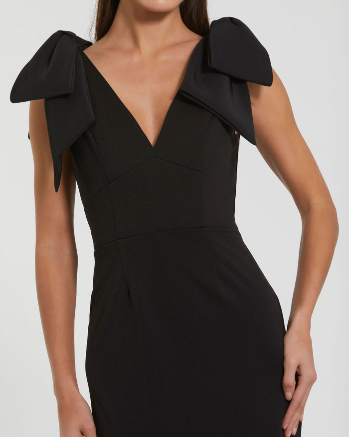 Petite Black Bow Strap Crepe Fitted Midi Dress Ieena for Mac Duggal