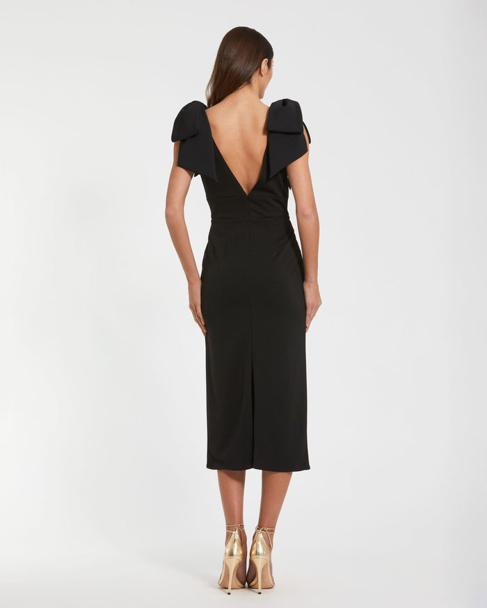 Petite Black Bow Strap Crepe Fitted Midi Dress Ieena for Mac Duggal
