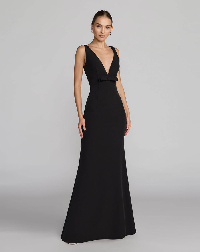 Petite Black Sleeveless V Neck Mermaid Gown With Bow Ieena for Mac Duggal