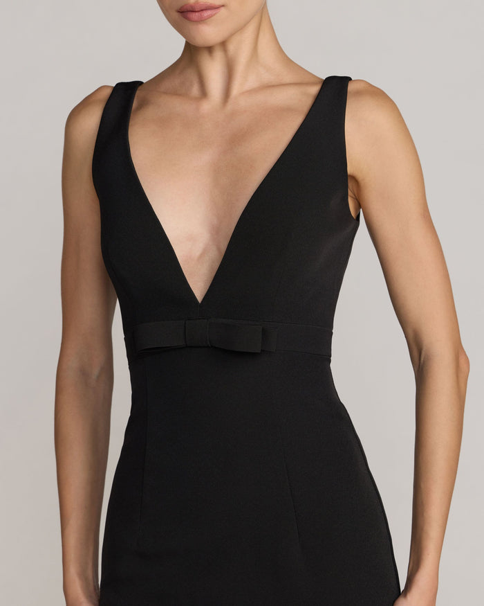 Petite Black Sleeveless V Neck Mermaid Gown With Bow Ieena for Mac Duggal