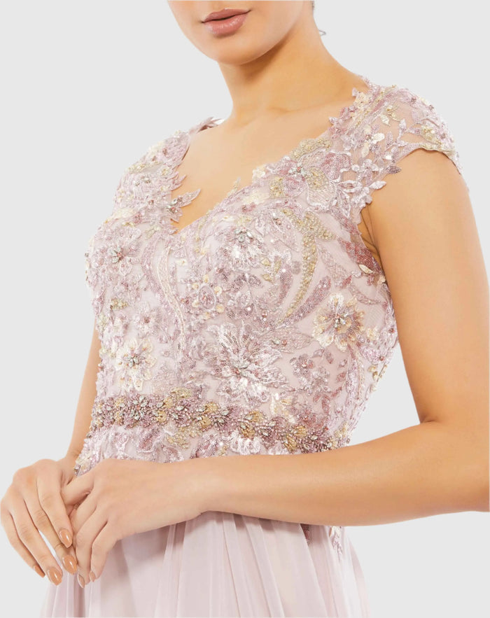 Pink Embellished Cap Sleeve Bodice Flowy Gown - Mac Duggal