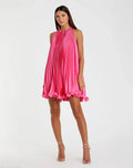 Pink Pleated Halter Neck Flowy Mini Trapeze Dress - Mac Duggal